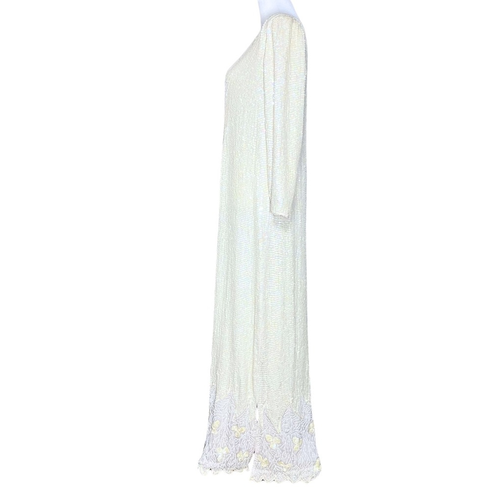 Vintage 100% Silk Ivory 70s 80s Fully Beaded Sequin Long Sleeve Dress - Picture 7 of 15